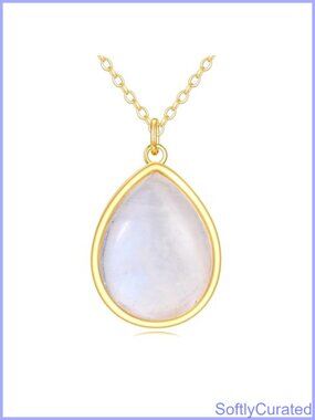 14K Real Gold Rainbow Moonstone Teardrop Necklace Fine Jewelry Gift